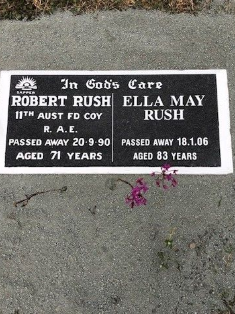Headstone for Robert and Ella May Rush, with text