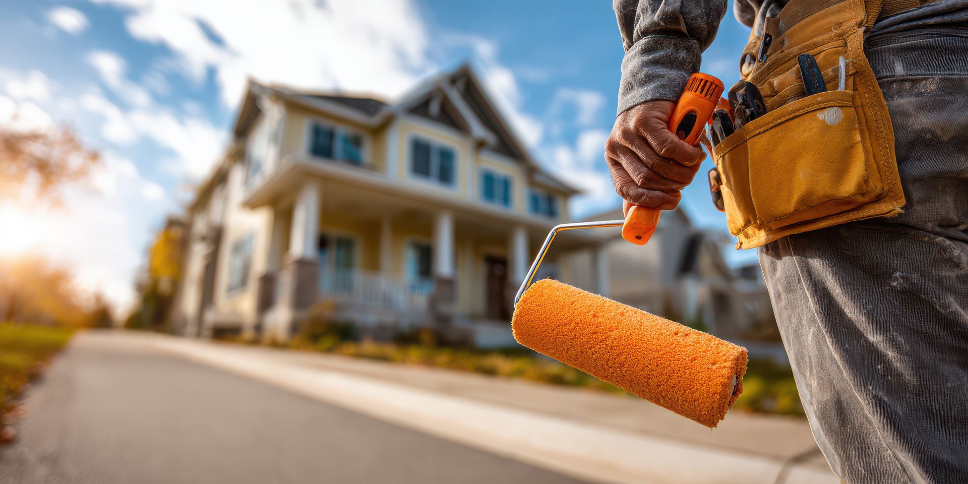 Painter holding paint roller in front of a house.