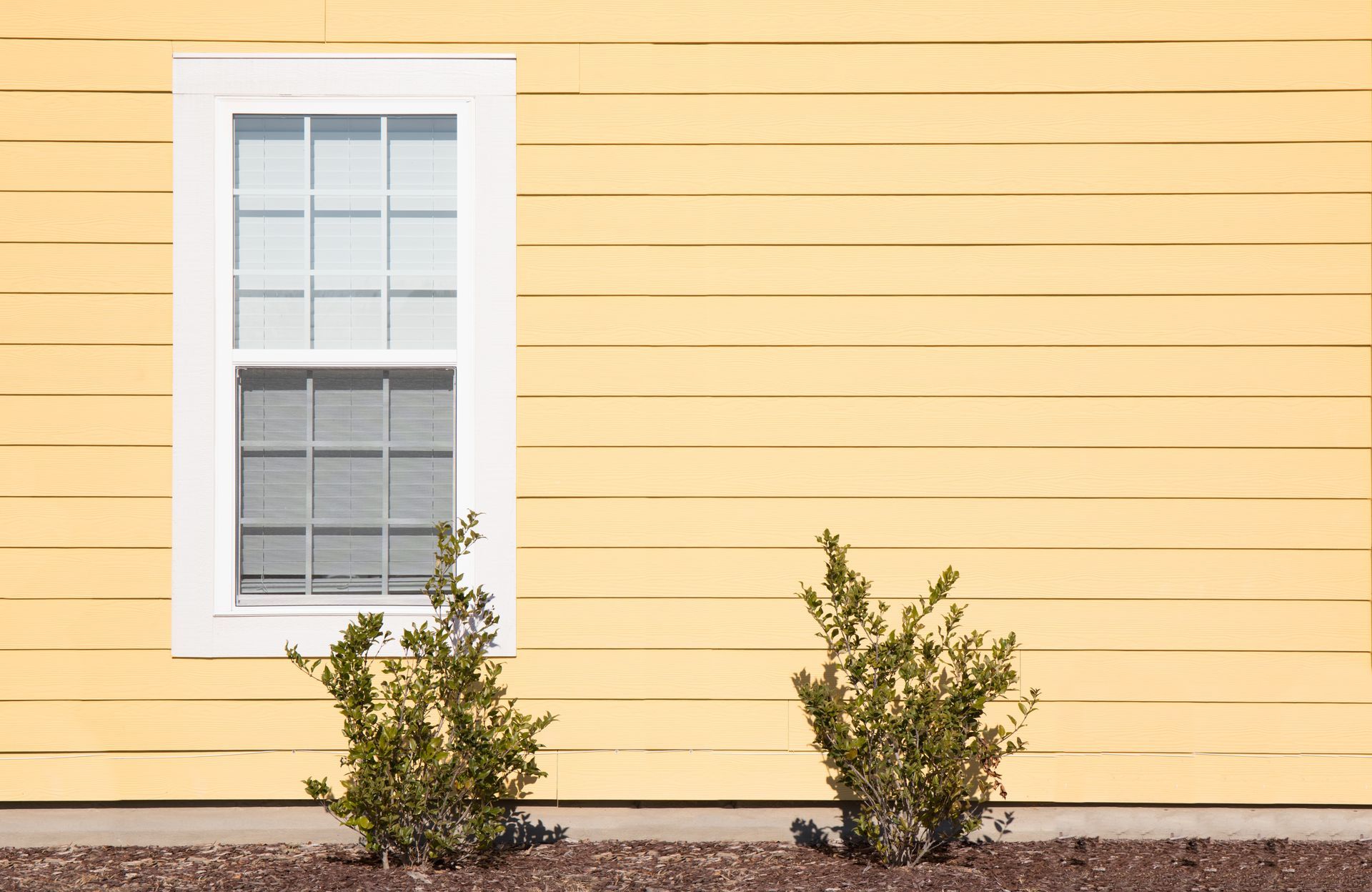 Yellow house exterior with a white window and two green bushes.