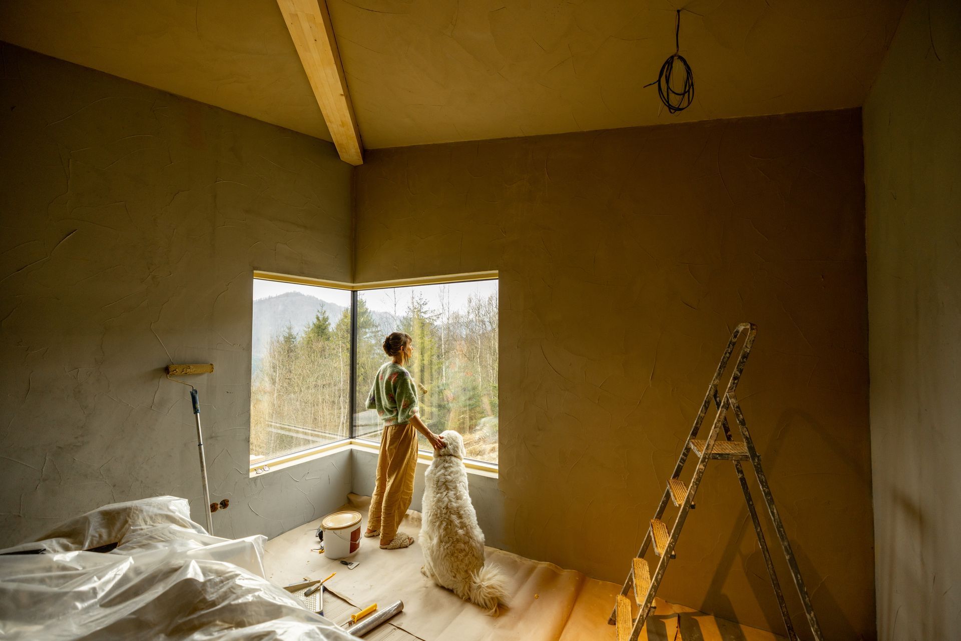 Person and dog looking out of a window in a room under construction, overlooking trees.