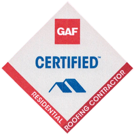 GAF Certified Residential Roofing Contractor logo. Red, white, and blue diamond shape.