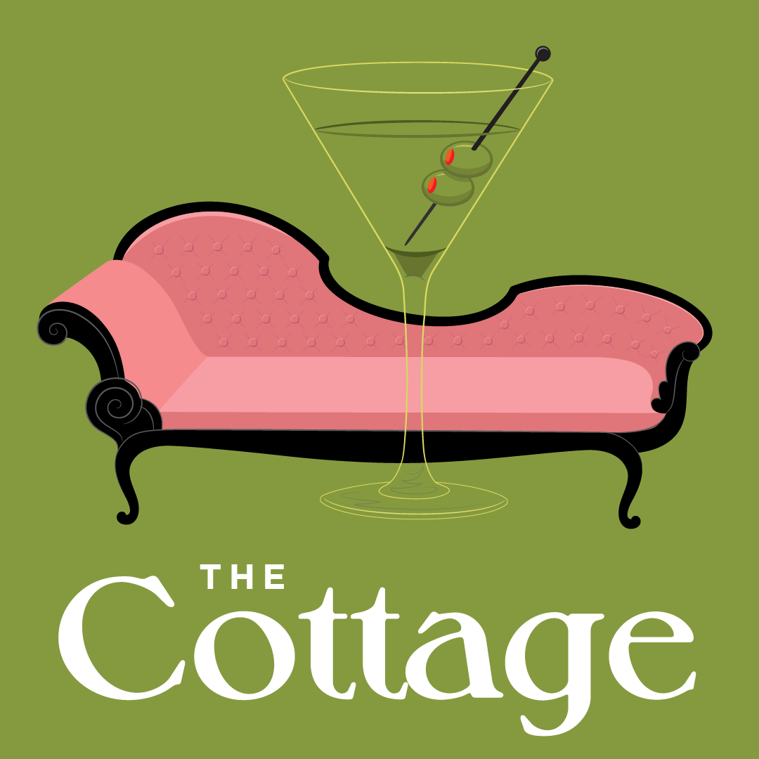A pink chaise lounge with a martini glass on a green background; the logo for