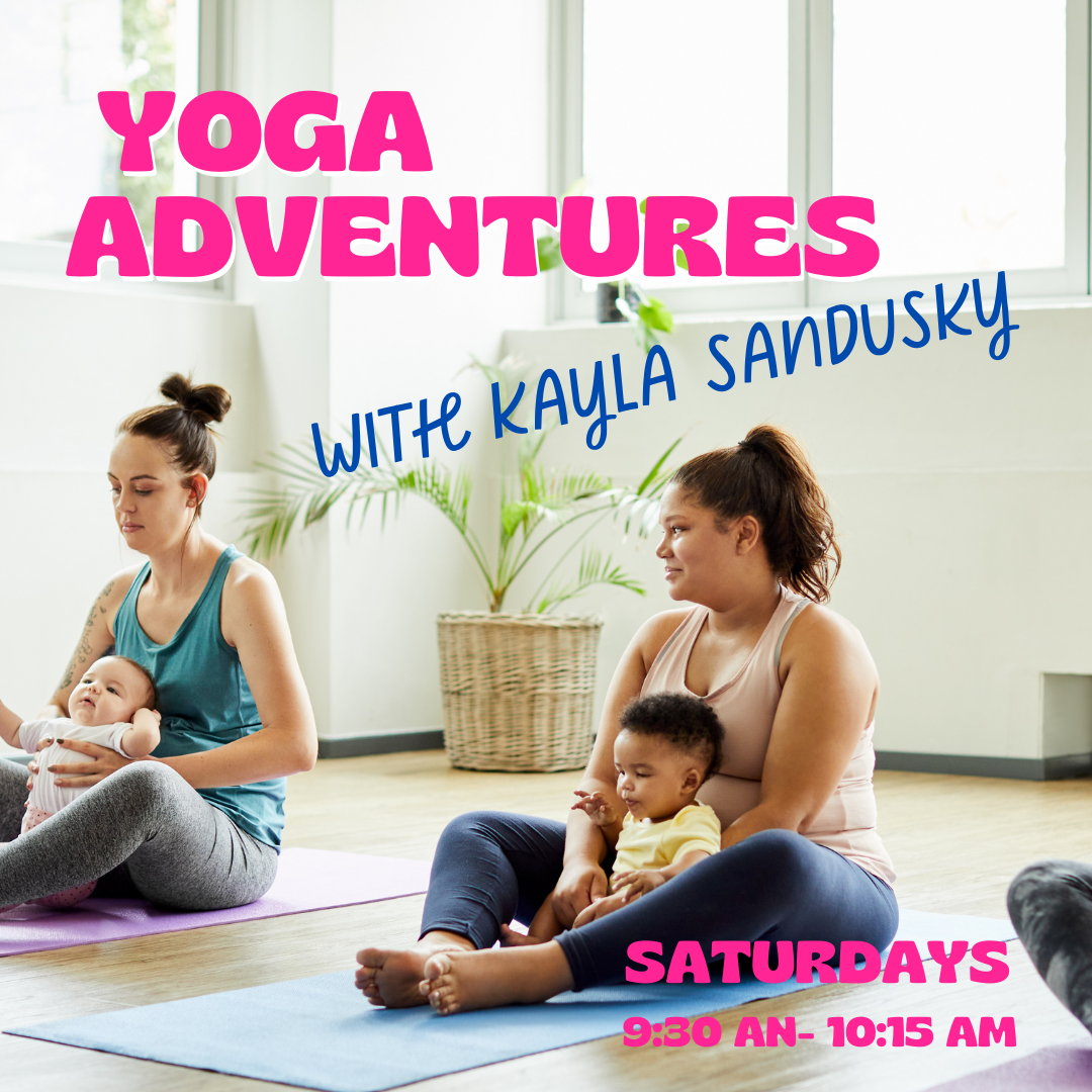 Two mothers and babies doing baby yoga . Text reads