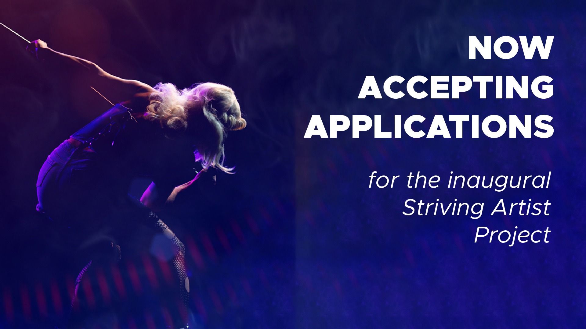 Dark purple promo poster with dancer silhouette and text: “Now accepting applications” for the Striving Artist Project