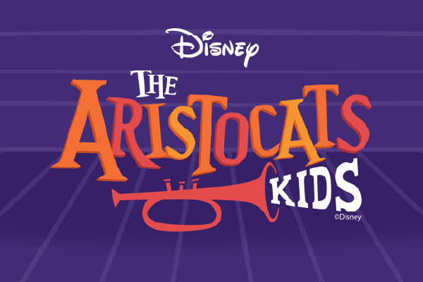Disney The Aristocats Kids logo on a purple background, with orange and white lettering