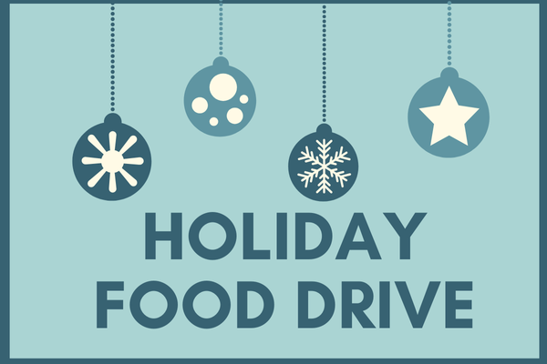 Holiday food drive announcement with four hanging ornaments.