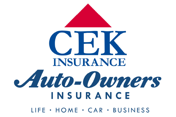 A blue and red logo for cek insurance auto-owners