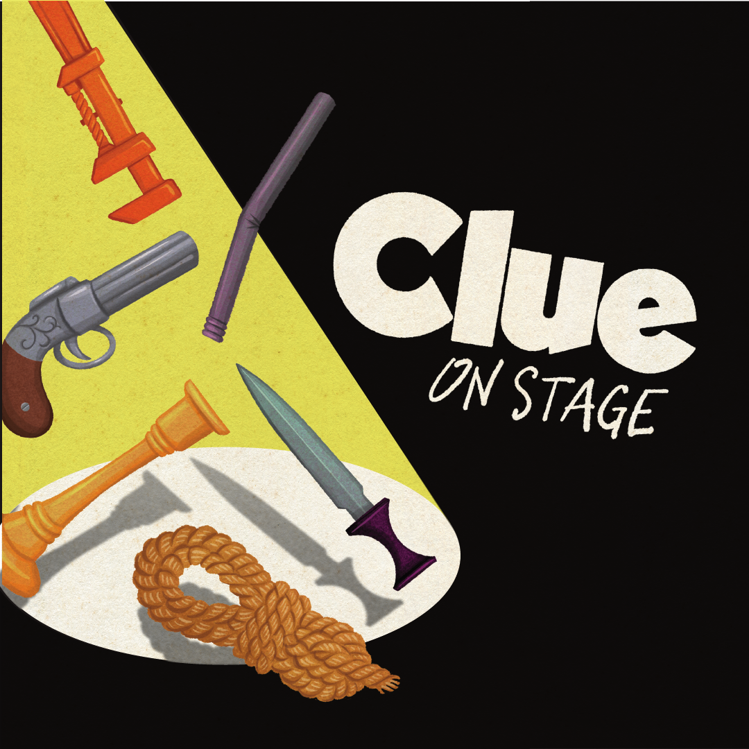 A clue on stage poster with various objects on a plate