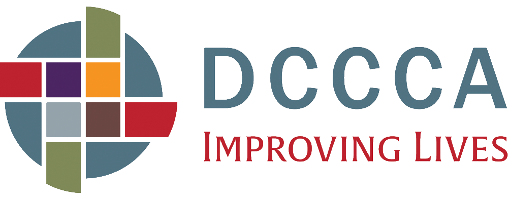 DCCA, a healthcare provider, featuring  colorful squares and a teal circle, with 