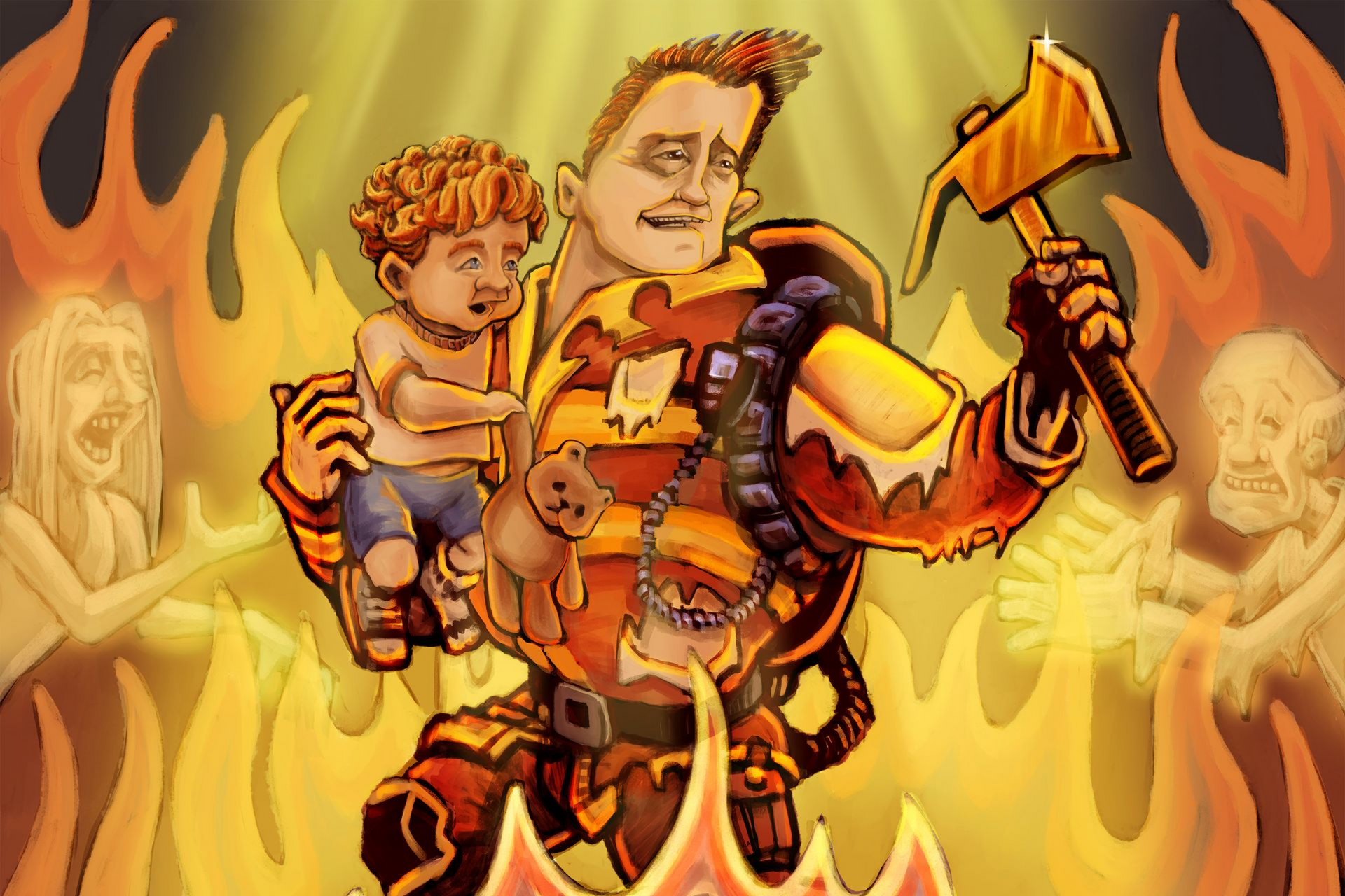 A firefighter holding a small child and a toy stands amidst fire, surrounded by figures in a hellish landscape.