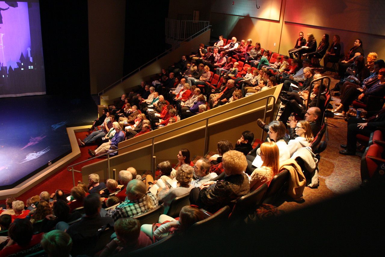 Audience in a theater, watching a performance. People sit in tiered seating; dimly lit with a stage visible.