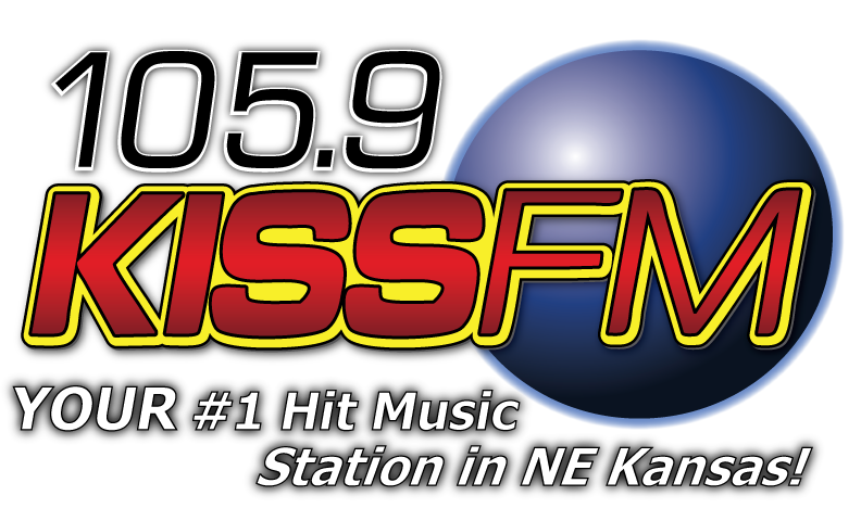 Logo for 105.9 KISS FM with blue globe. Radio station in NE Kansas.