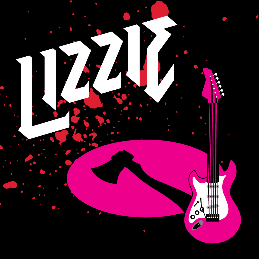 Lizzi logo with white text, hot pink guitar, and black splattered background
