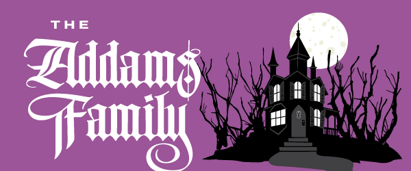 The Addams Family title on a purple background with a spooky black haunted house and moonlit trees