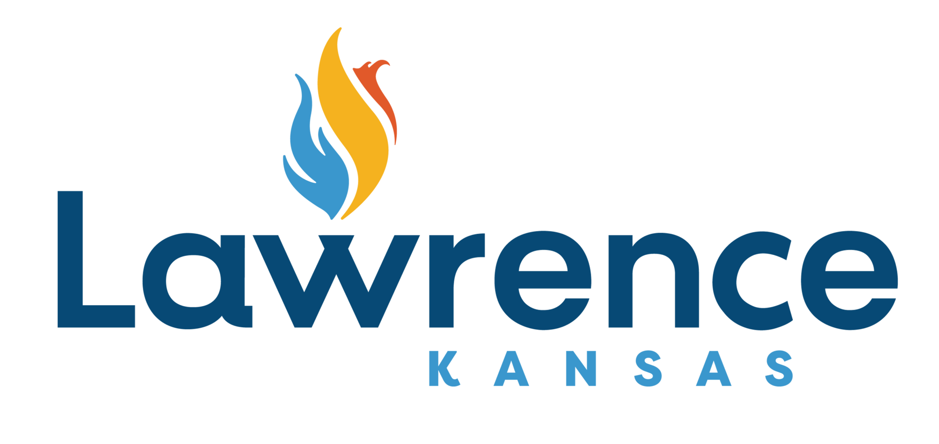 A logo for lawrence kansas with a flame on it