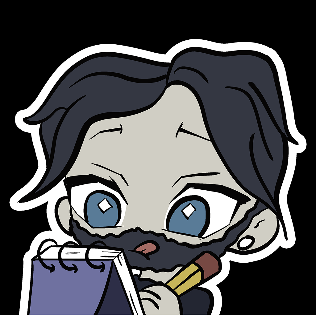 Cartoon man with dark hair and stubble, sketching in a notebook, looking thoughtful with blue eyes.