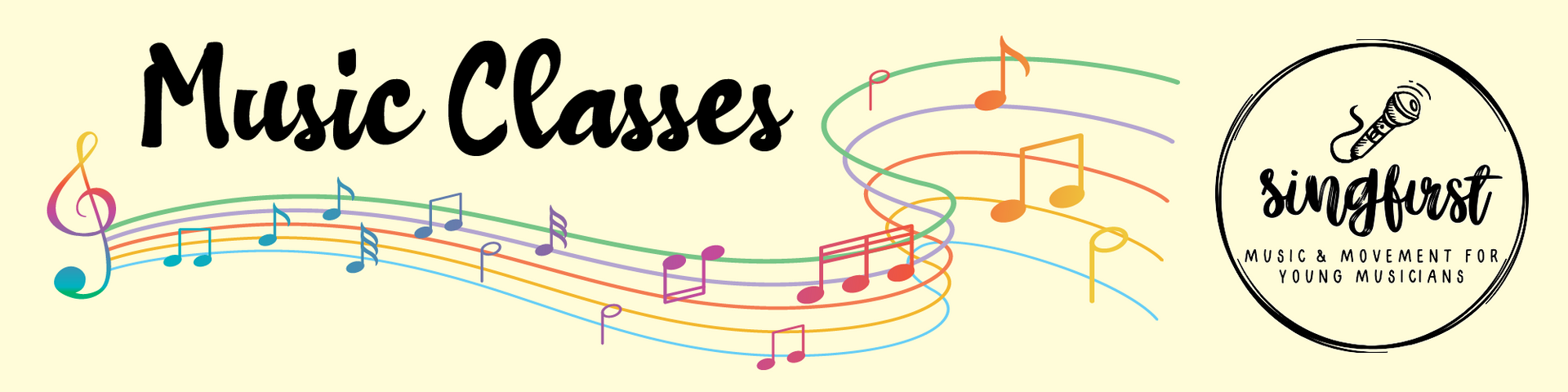 A banner for music classes with colorful music notes on a white background.