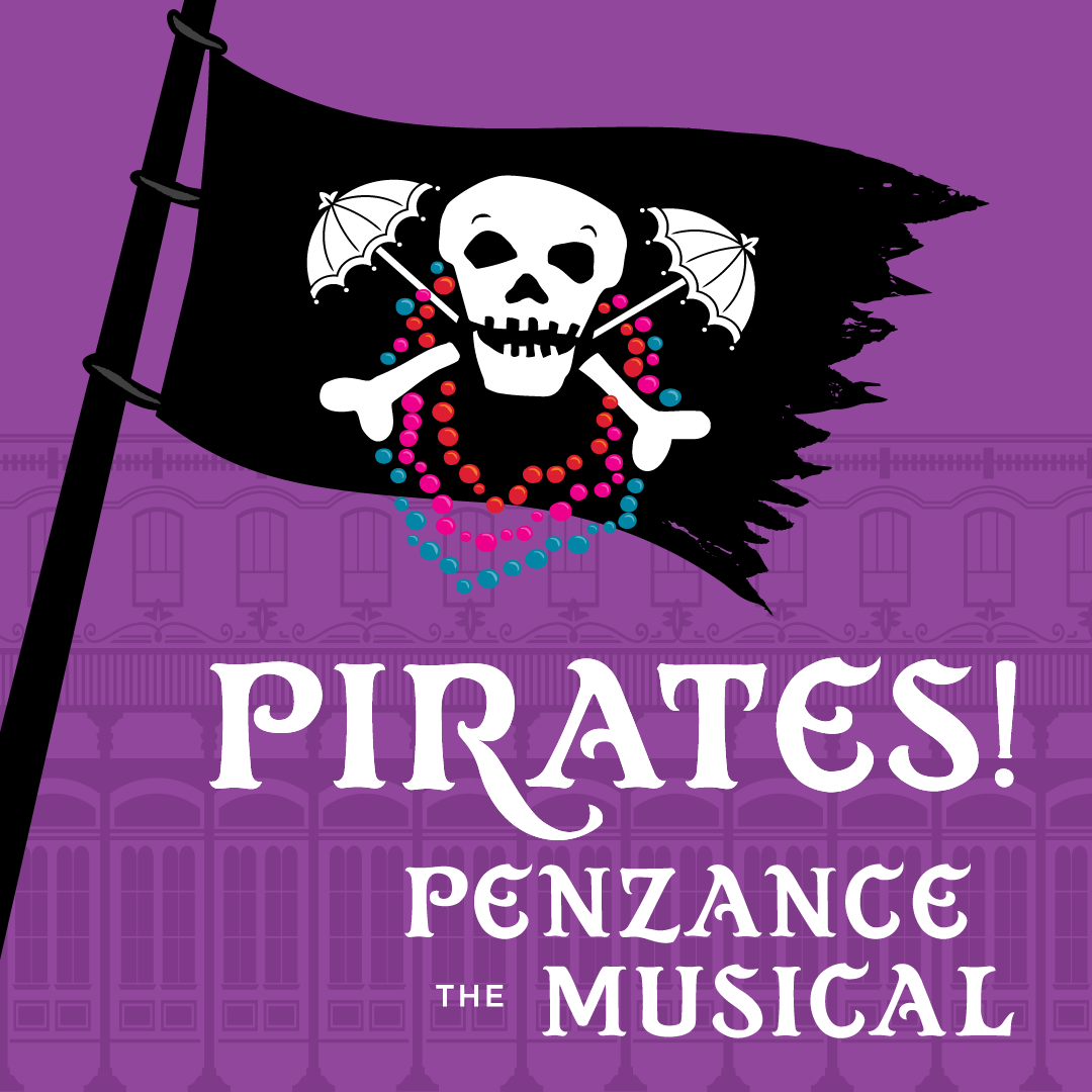 Pirates! The Penzance Musical logo with skull-and-crossbones pirate flag on purple background