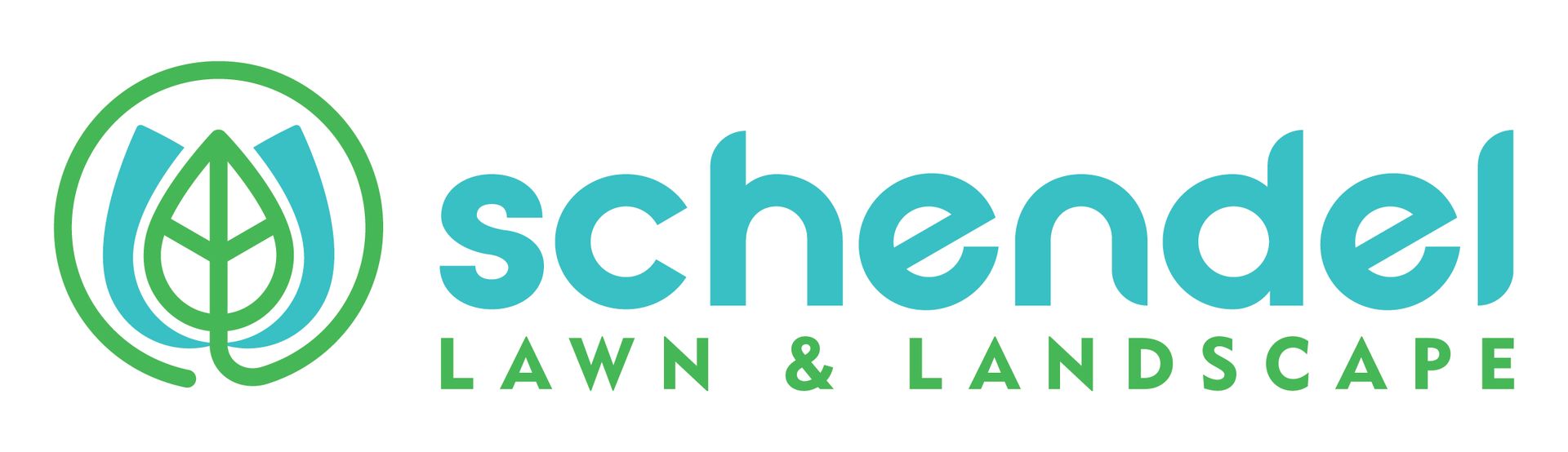 A blue and green logo for schendel lawn and landscape