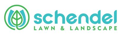 A blue and green logo for schendel lawn and landscape