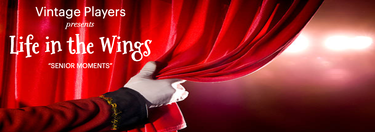A hand is opening a red curtain with the words life in the wings written on it.