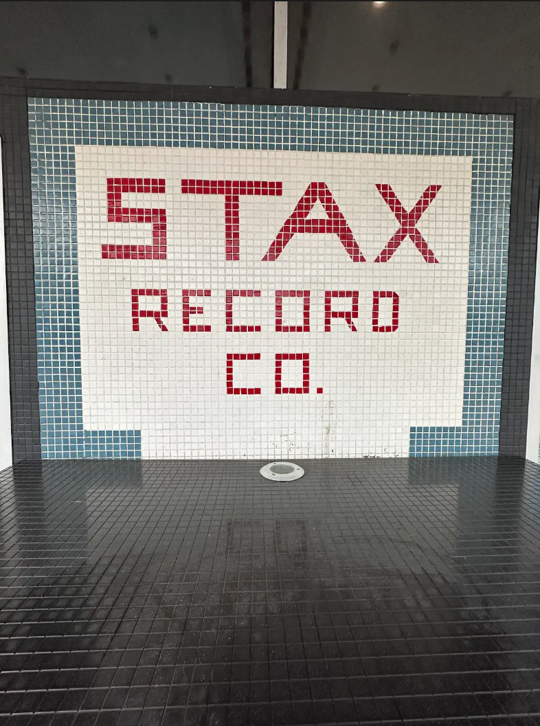 STAX Record Co. mosaic sign, red letters on white background, blue tile border.