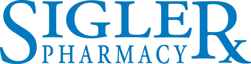 The logo for sigler pharmacy is blue and white.