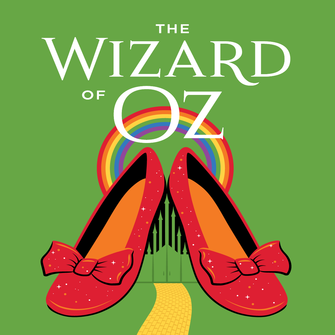 The Wizard of Oz title art with red ruby slippers on a yellow road under a rainbow