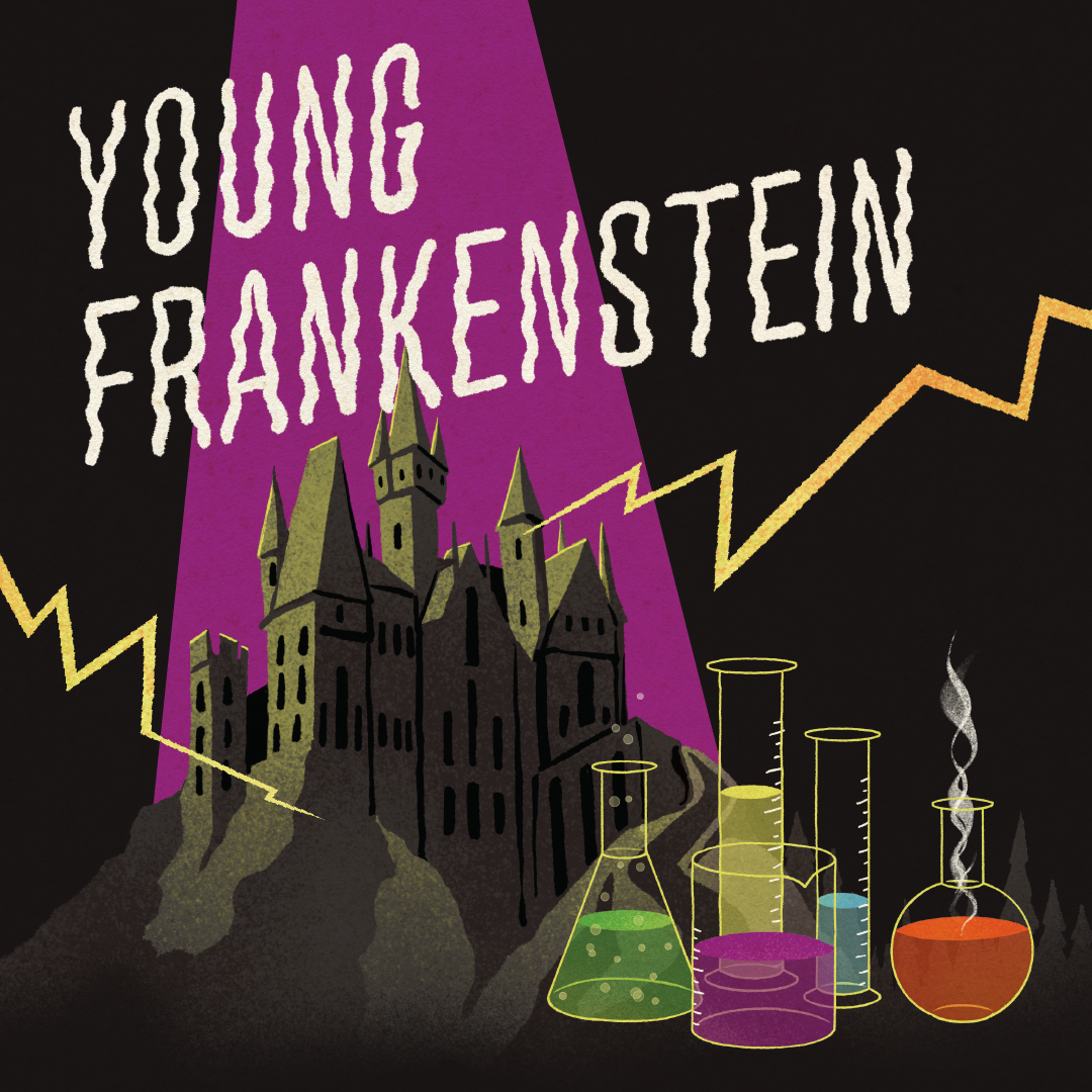 A poster for young frankenstein with a castle in the background