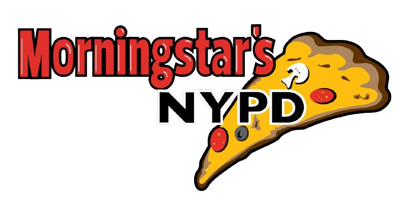 The logo for morningstar 's nypd has a slice of pizza on it.