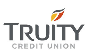 Truity Credit Union logo: gray text with a leaf-like design in orange, yellow, and black.