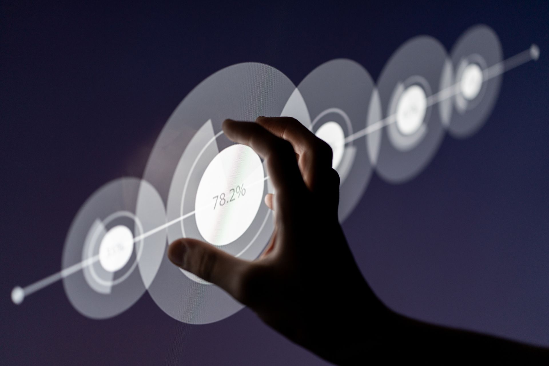 Mano che interagisce con un'interfaccia digitale che mostra indicatori di avanzamento circolari collegati da una linea, che indicano l'avanzamento.