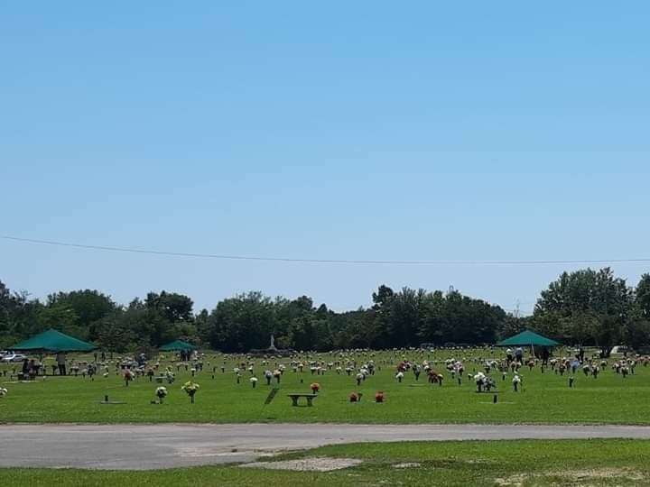 A sprawling cemetery with rows of grave markers on a bright green lawn under a clear blue sky.