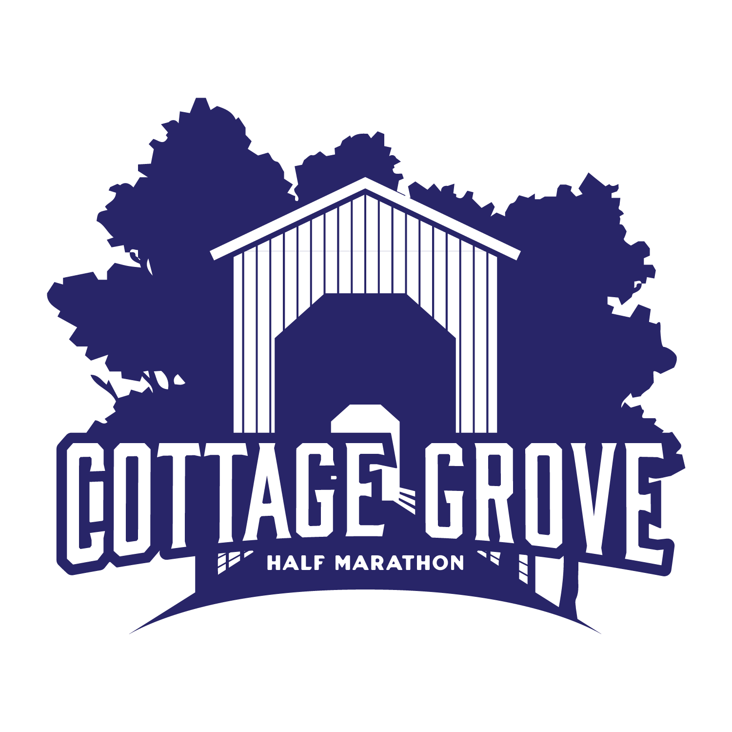 The logo for the cottage grove half marathon shows a covered bridge surrounded by trees.