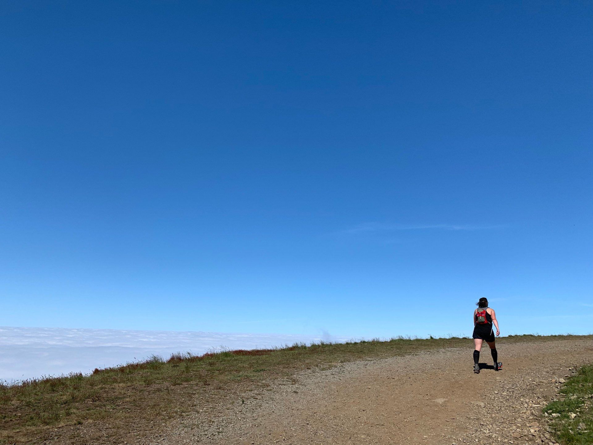 A person is running on a dirt road on top of a hill.