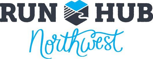 The logo for run hub northwest is blue and black.