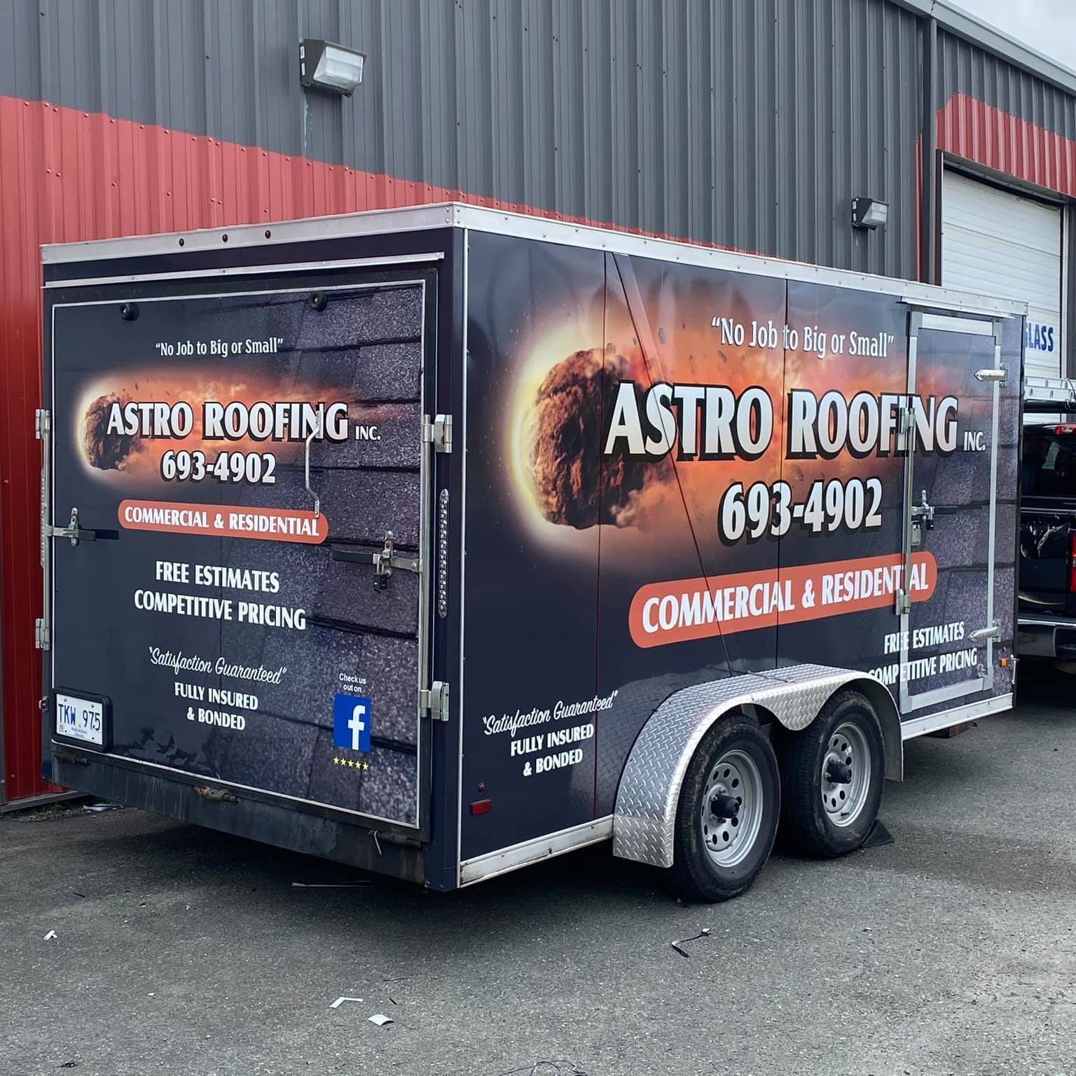 Astro Roofing trailer with dark blue wrap, company logo, phone number, and advertising services.