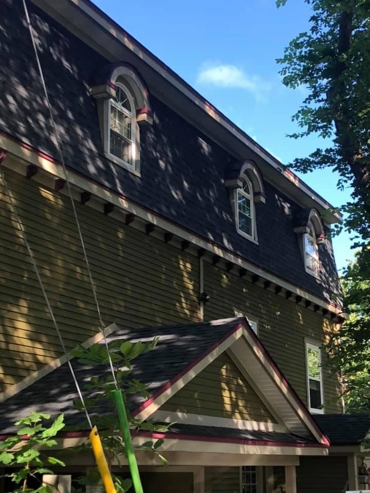 Green house with a dark roof featuring three arched dormer windows. Sunlit exterior shot.