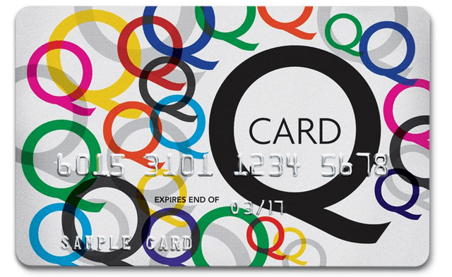 A colorful credit card with the letter q on it