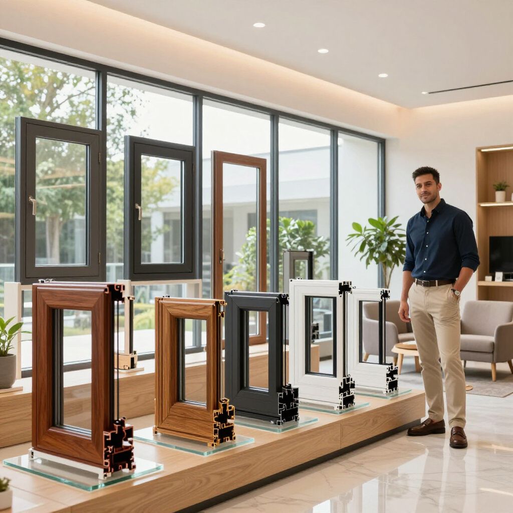 Uomo in piedi in uno showroom accanto a infissi di vari colori.
