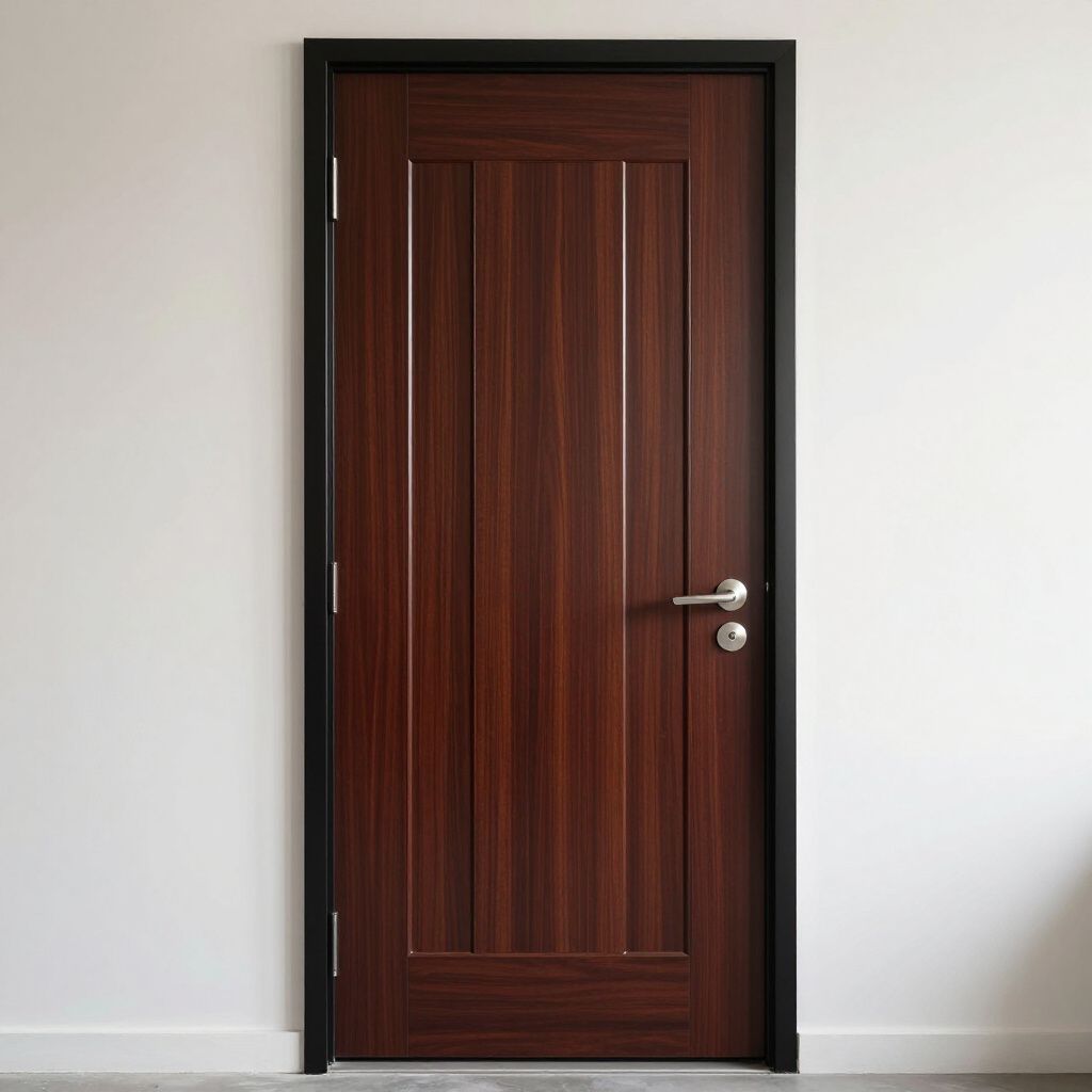 Porta in legno scuro con pannelli verticali, maniglia argentata, telaio nero, contro una parete bianca.