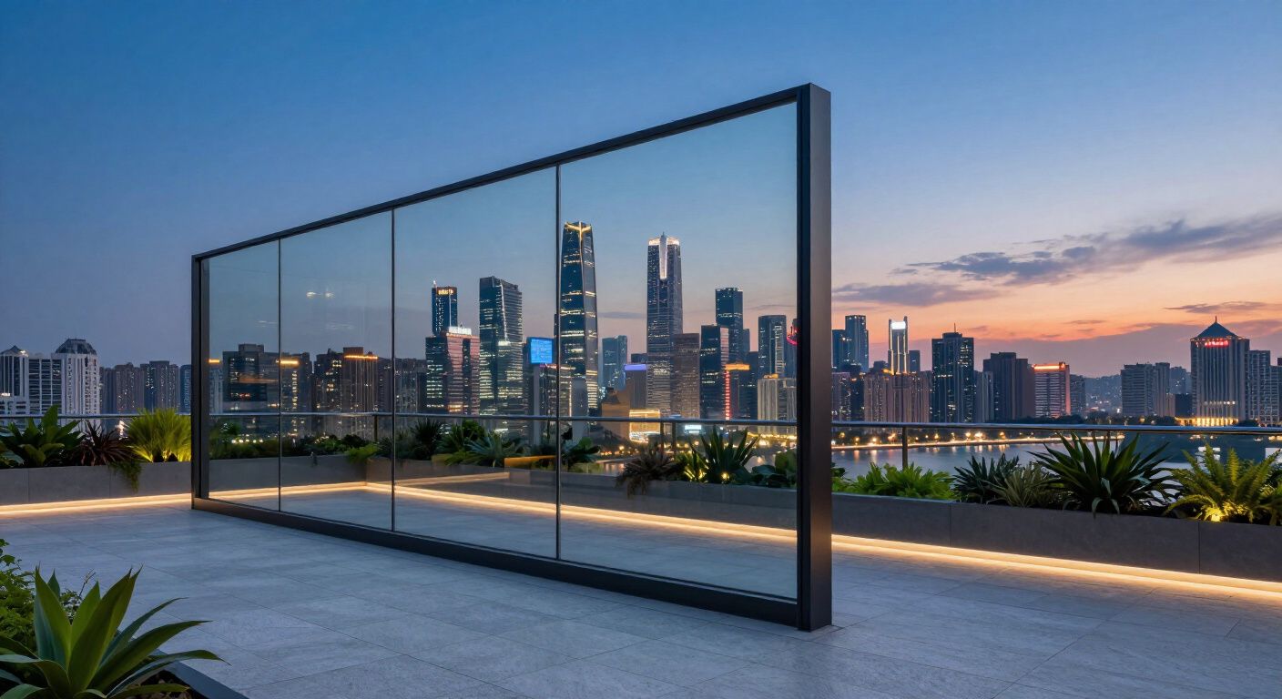 Una grande parete di vetro incornicia lo skyline della città al tramonto, illuminata.