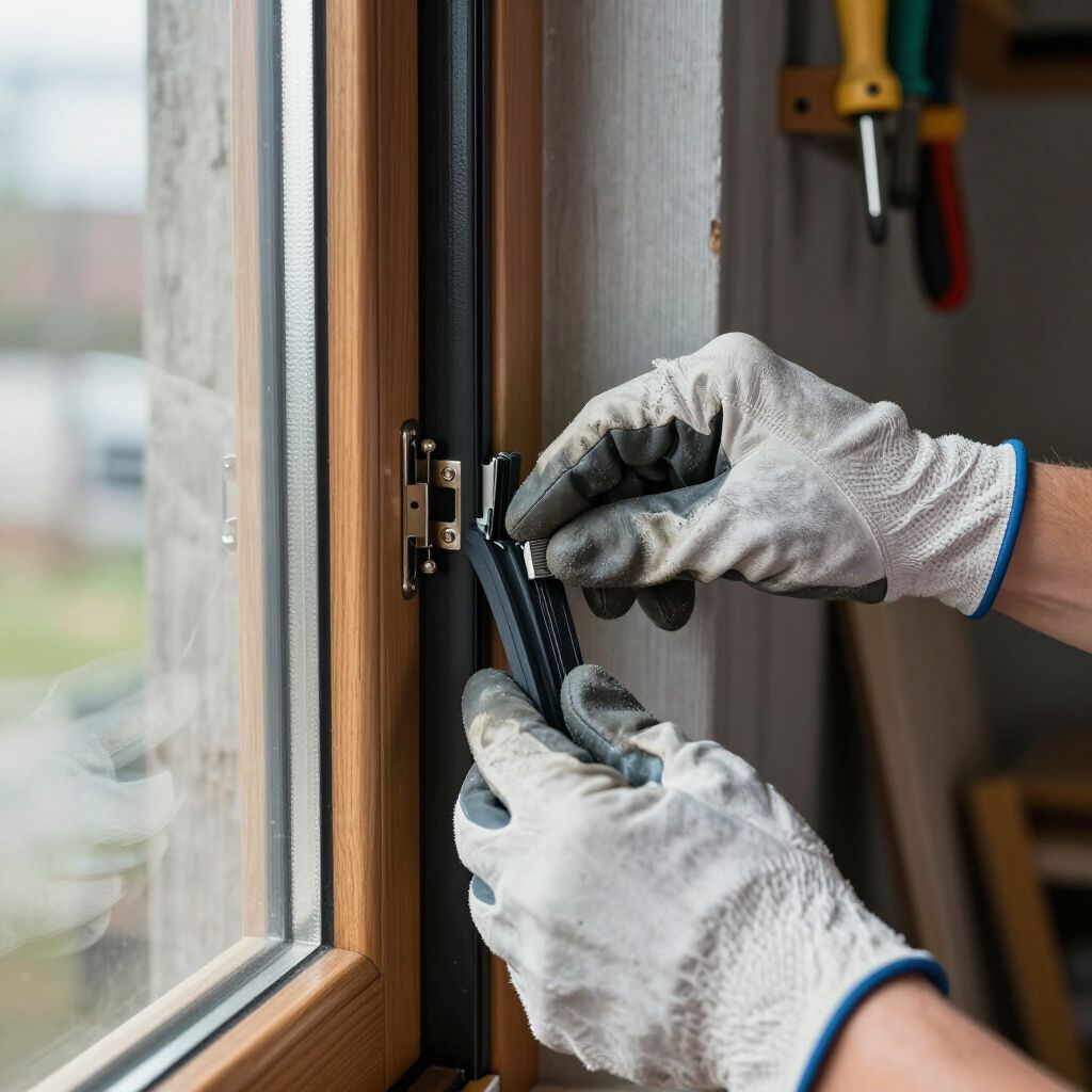 Persona che indossa guanti e utilizza uno strumento per lavorare su una finestra.