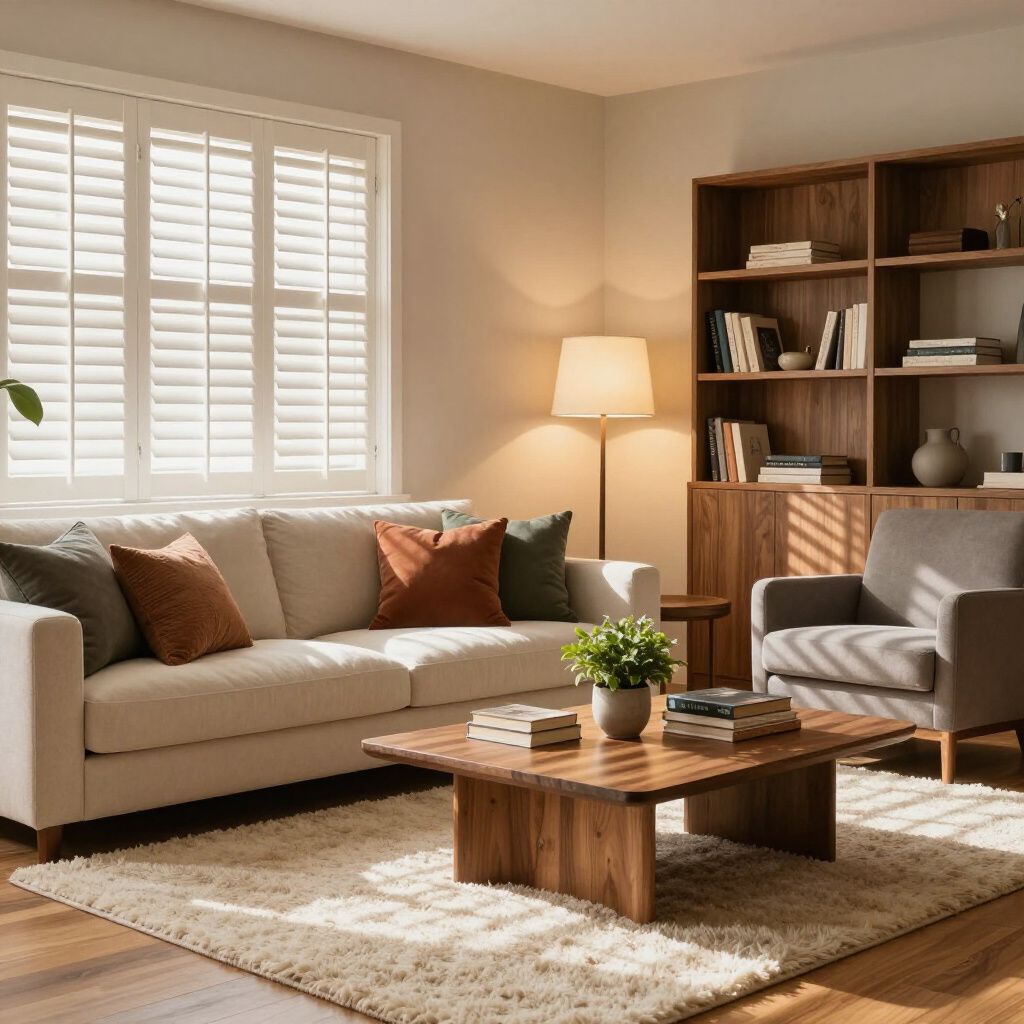 Soggiorno con divano bianco, mobili in legno e finestra con persiane.