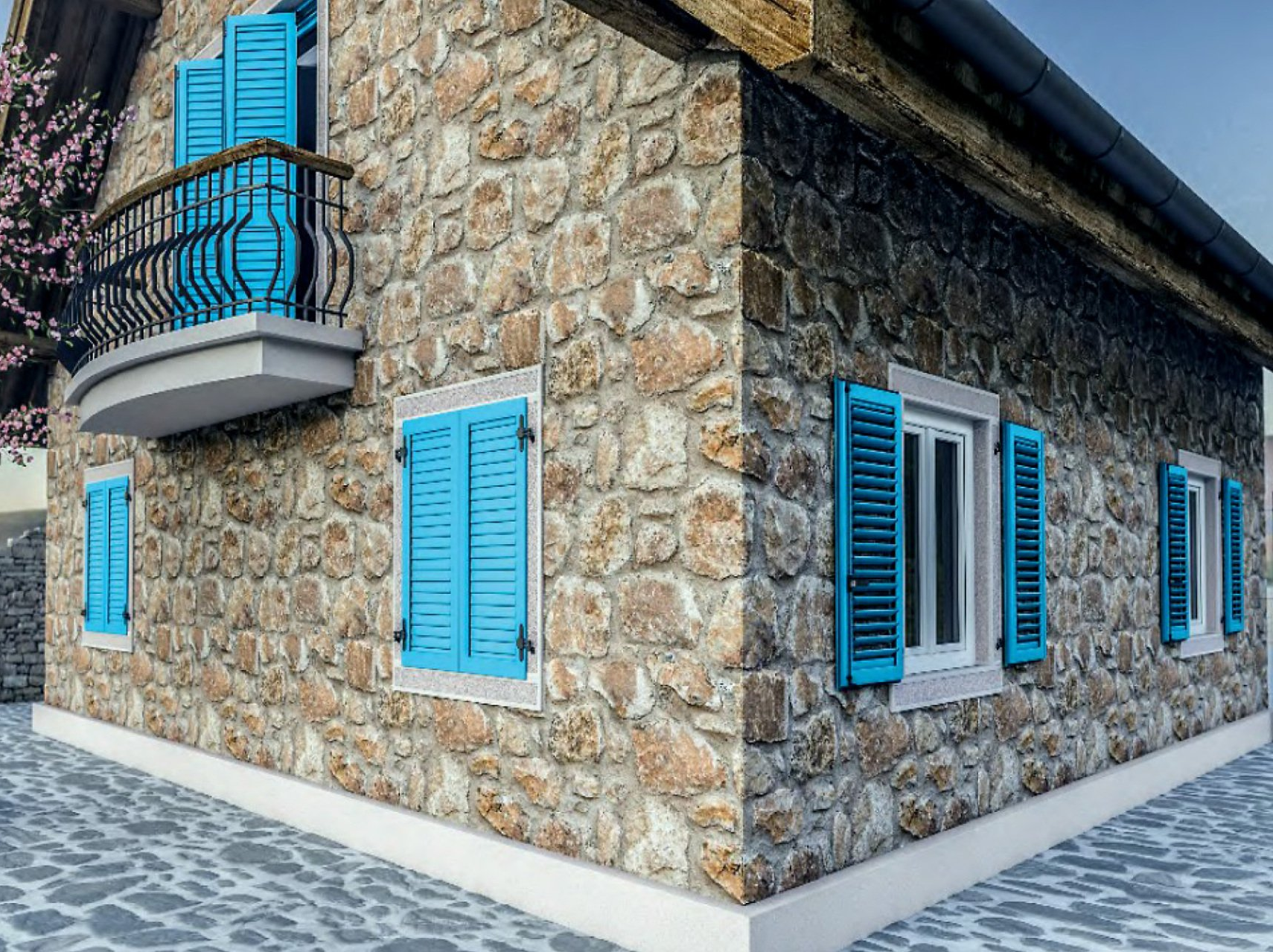 Persiane a stecche verde scuro chiudevano una finestra in un edificio beige invecchiato.