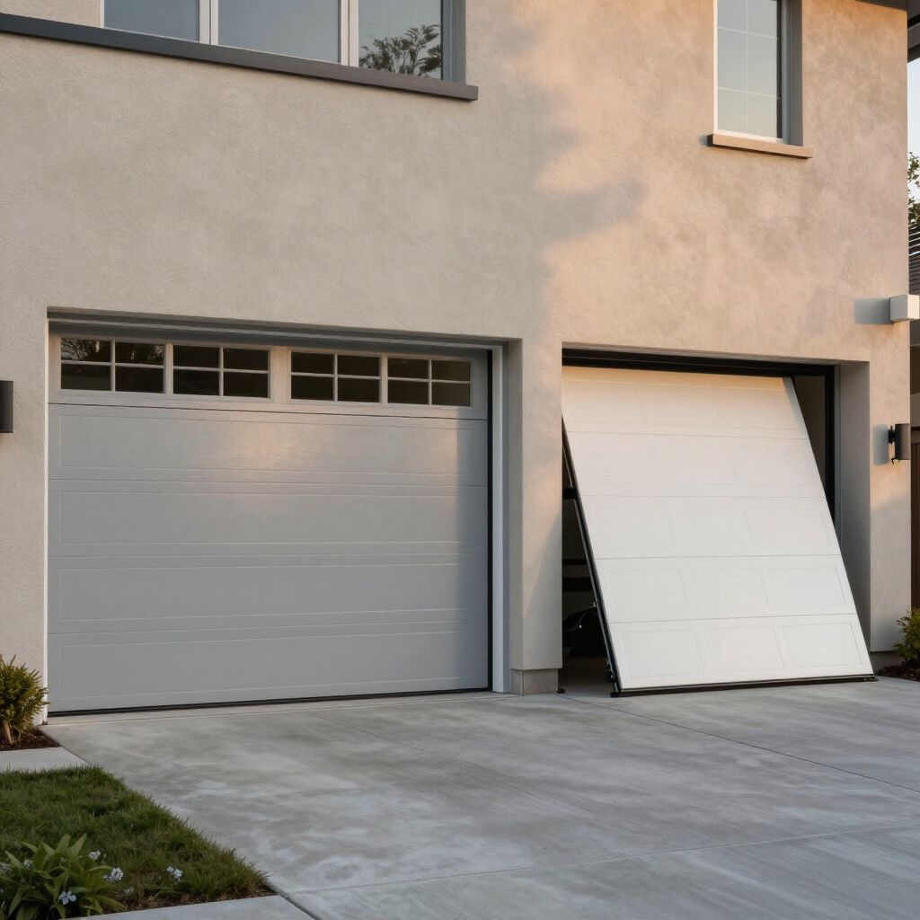 Una casa dai colori chiari con due porte da garage: una chiusa e l'altra aperta, che rivelano l'interno.