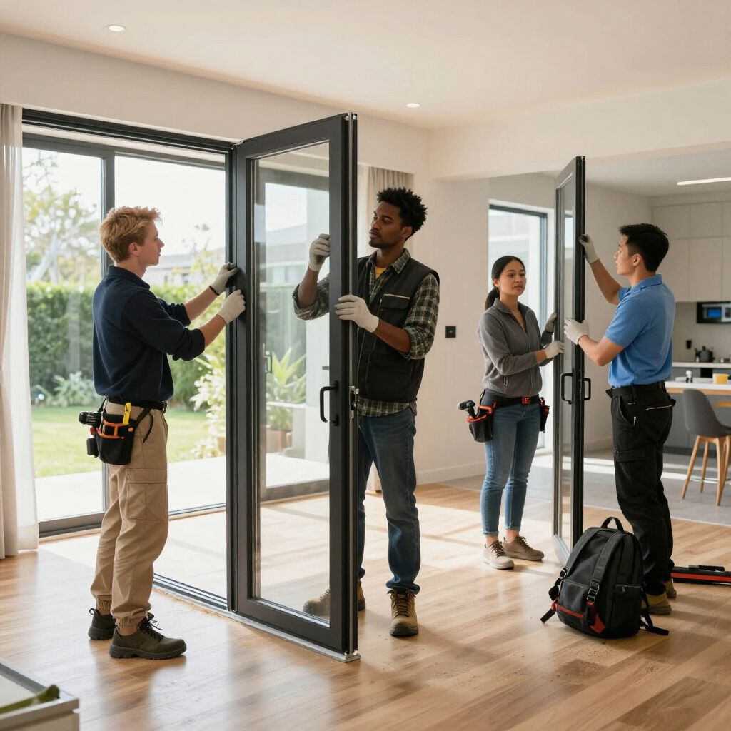 Quattro persone stanno installando una porta in vetro con cornice nera in una casa. Indossano abiti da lavoro e guanti.