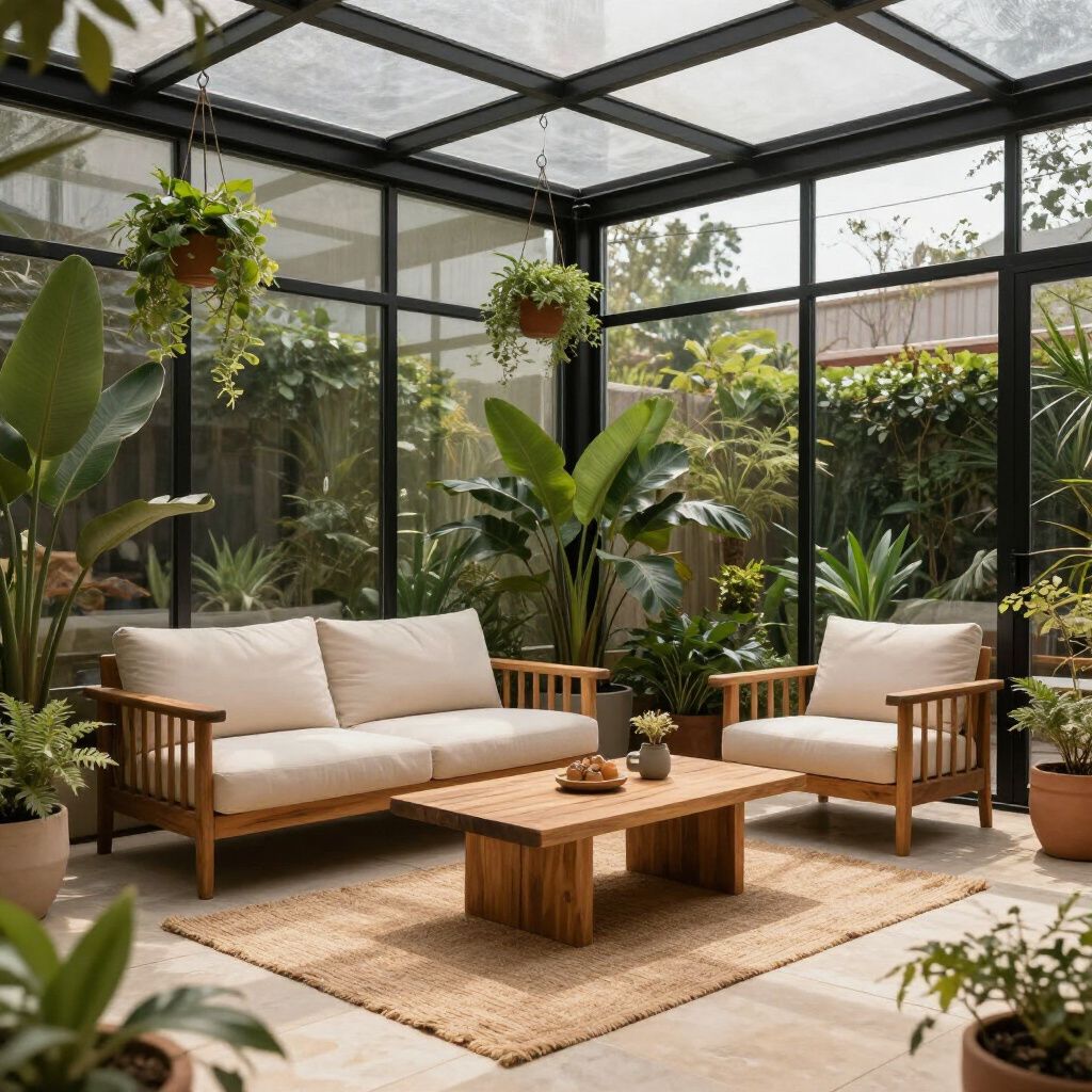 Veranda con mobili in legno e piante; pareti e soffitto in vetro.
