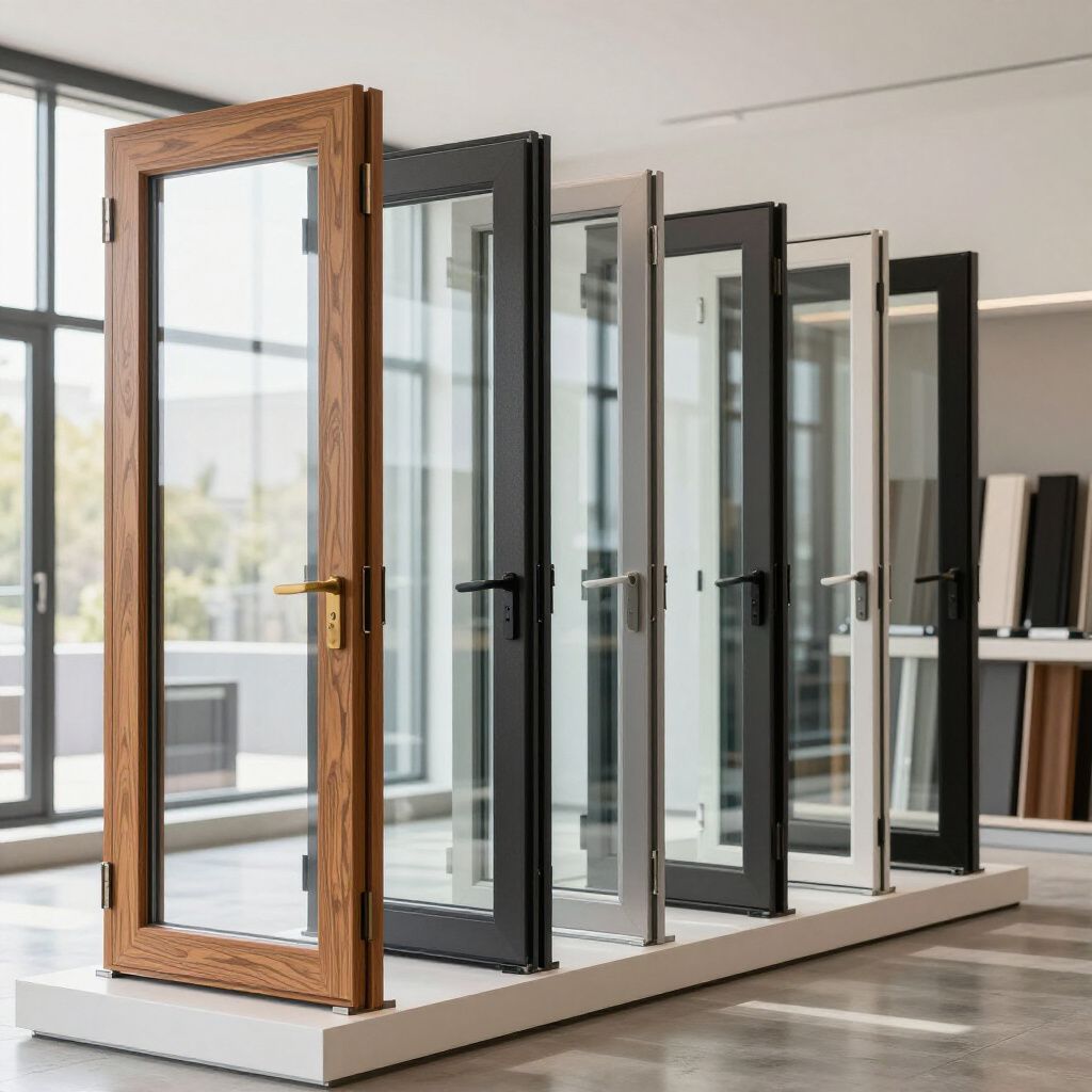 Esposizione di porte con pannelli in vetro in vari colori. Telai marroni, neri, grigi, bianchi e neri. Allestimento showroom.