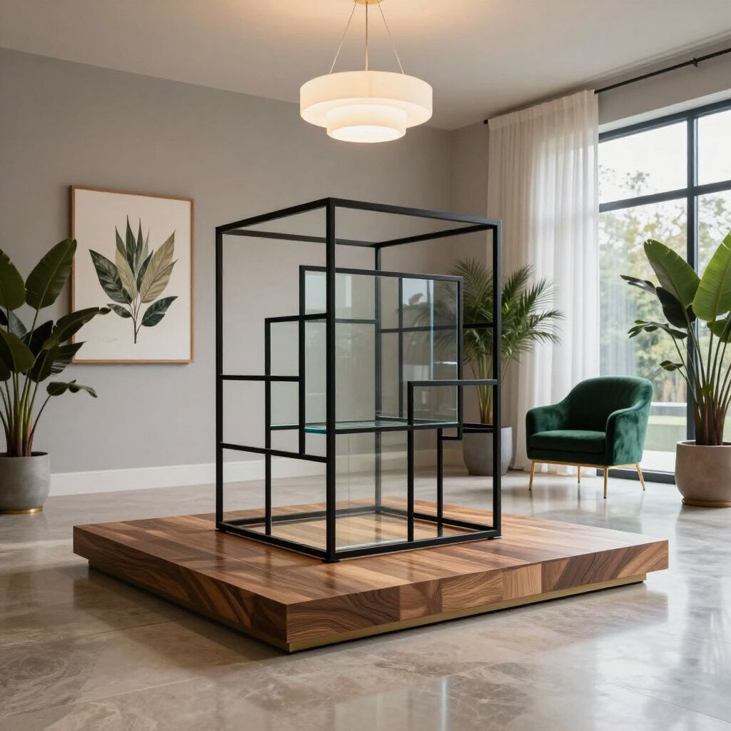 Moderna vetrina con cornice nera e ripiani in vetro su una piattaforma in legno in una stanza luminosa.